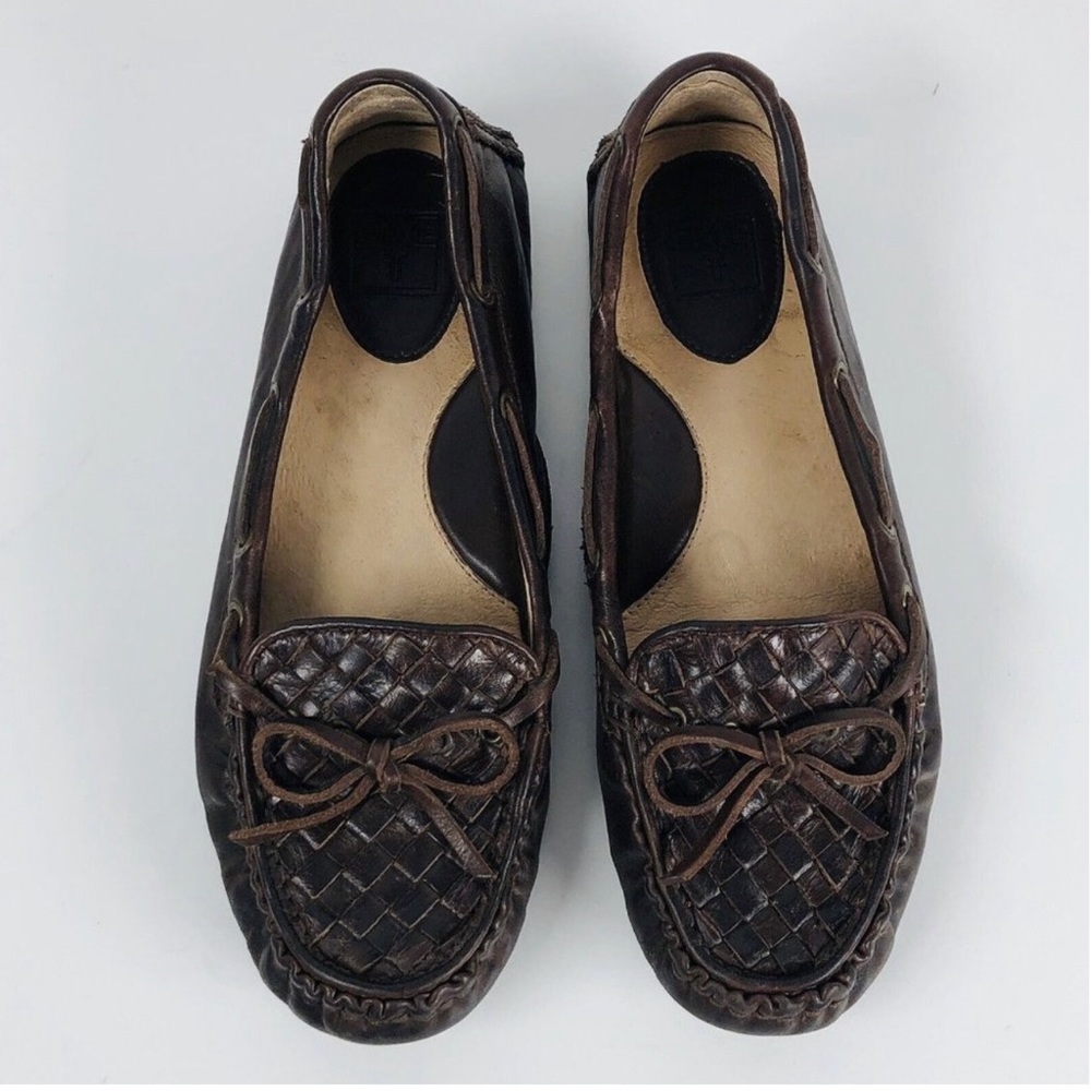 Women’s FRYE Brown Leather Reagan Woven 72325 Flat Loafers Driving Shoes…